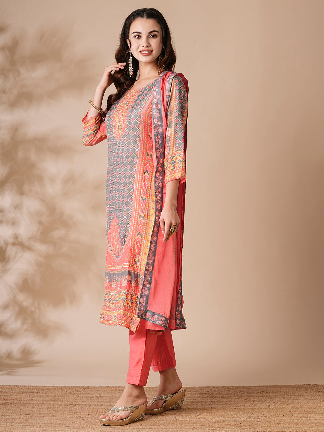 Floral Ethnic Printed & Embroidered Straight Kurta with Pant & Dupatta - Peach