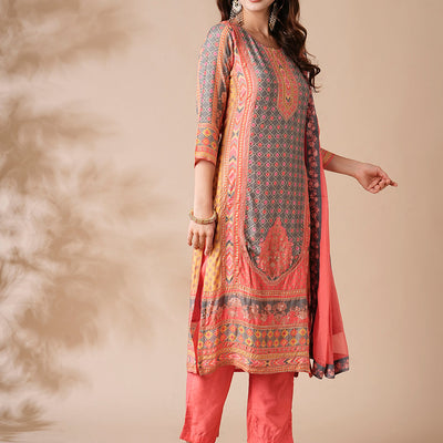 Floral Ethnic Printed & Embroidered Straight Kurta with Pant & Dupatta - Peach