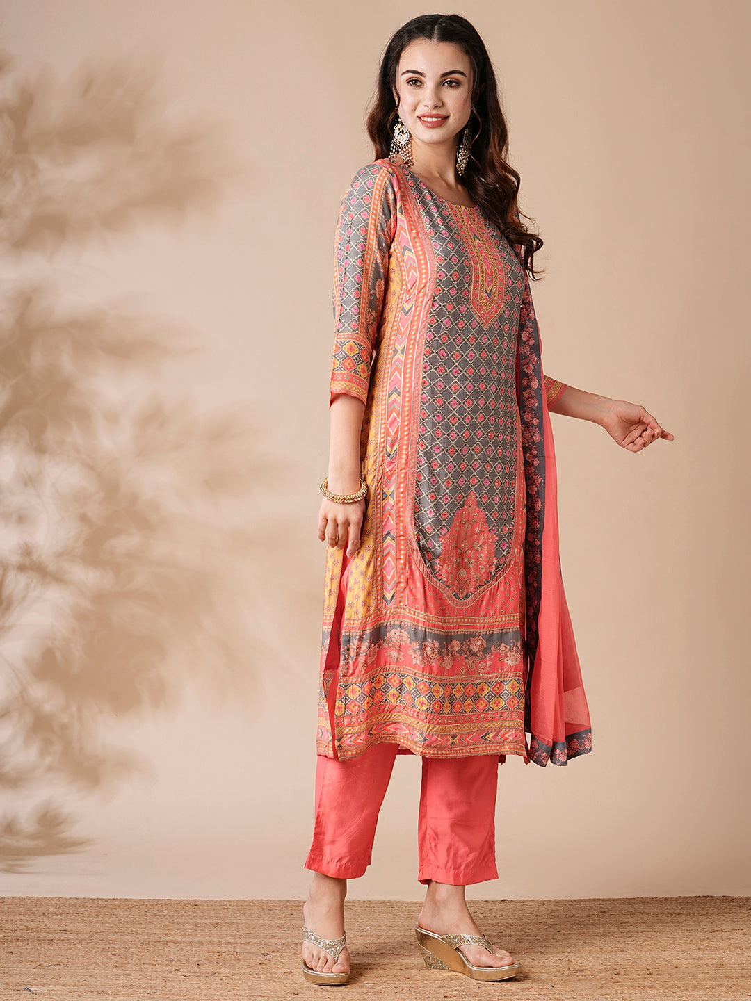 Floral Ethnic Printed & Embroidered Straight Kurta with Pant & Dupatta - Peach