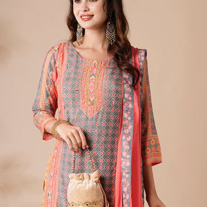 Floral Ethnic Printed & Embroidered Straight Kurta with Pant & Dupatta - Peach