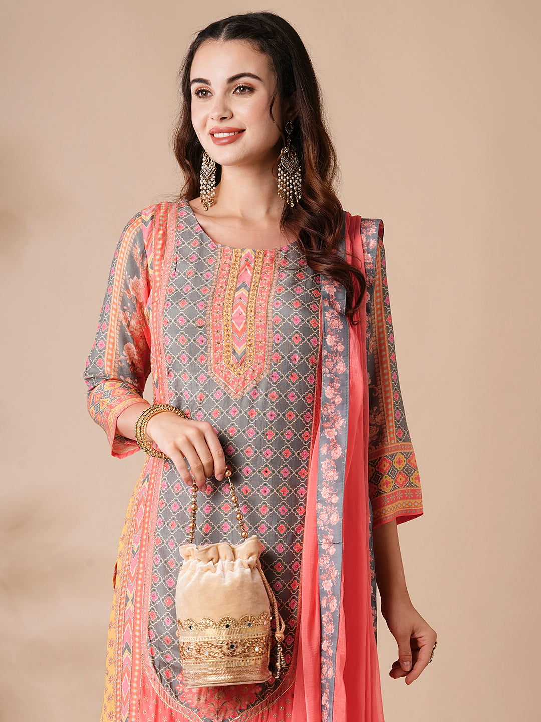 Floral Ethnic Printed & Embroidered Straight Kurta with Pant & Dupatta - Peach
