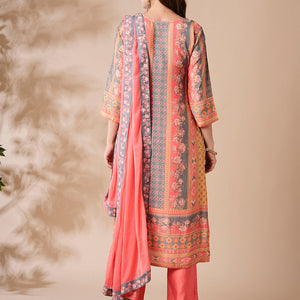 Floral Ethnic Printed & Embroidered Straight Kurta with Pant & Dupatta - Peach