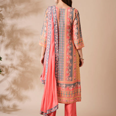 Floral Ethnic Printed & Embroidered Straight Kurta with Pant & Dupatta - Peach