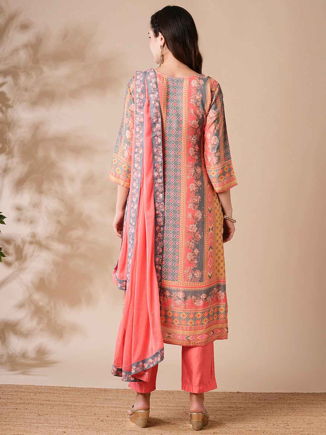 Floral Ethnic Printed & Embroidered Straight Kurta with Pant & Dupatta - Peach