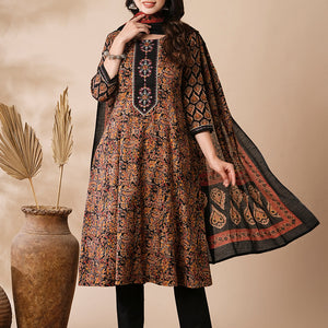 Floral Ethnic Printed & Embroidered Anarkali Kurta with Pant & Dupatta - Black