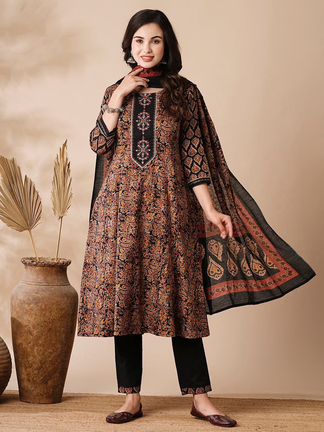 Floral Ethnic Printed & Embroidered Anarkali Kurta with Pant & Dupatta - Black