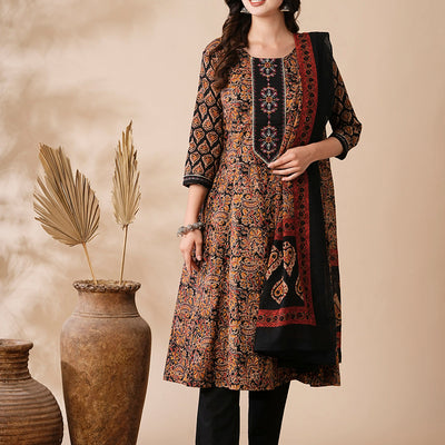 Floral Ethnic Printed & Embroidered Anarkali Kurta with Pant & Dupatta - Black