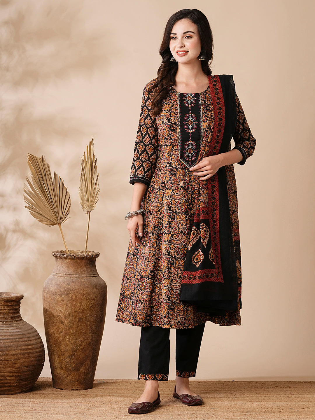 Floral Ethnic Printed & Embroidered Anarkali Kurta with Pant & Dupatta - Black