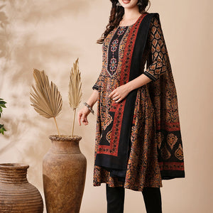 Floral Ethnic Printed & Embroidered Anarkali Kurta with Pant & Dupatta - Black