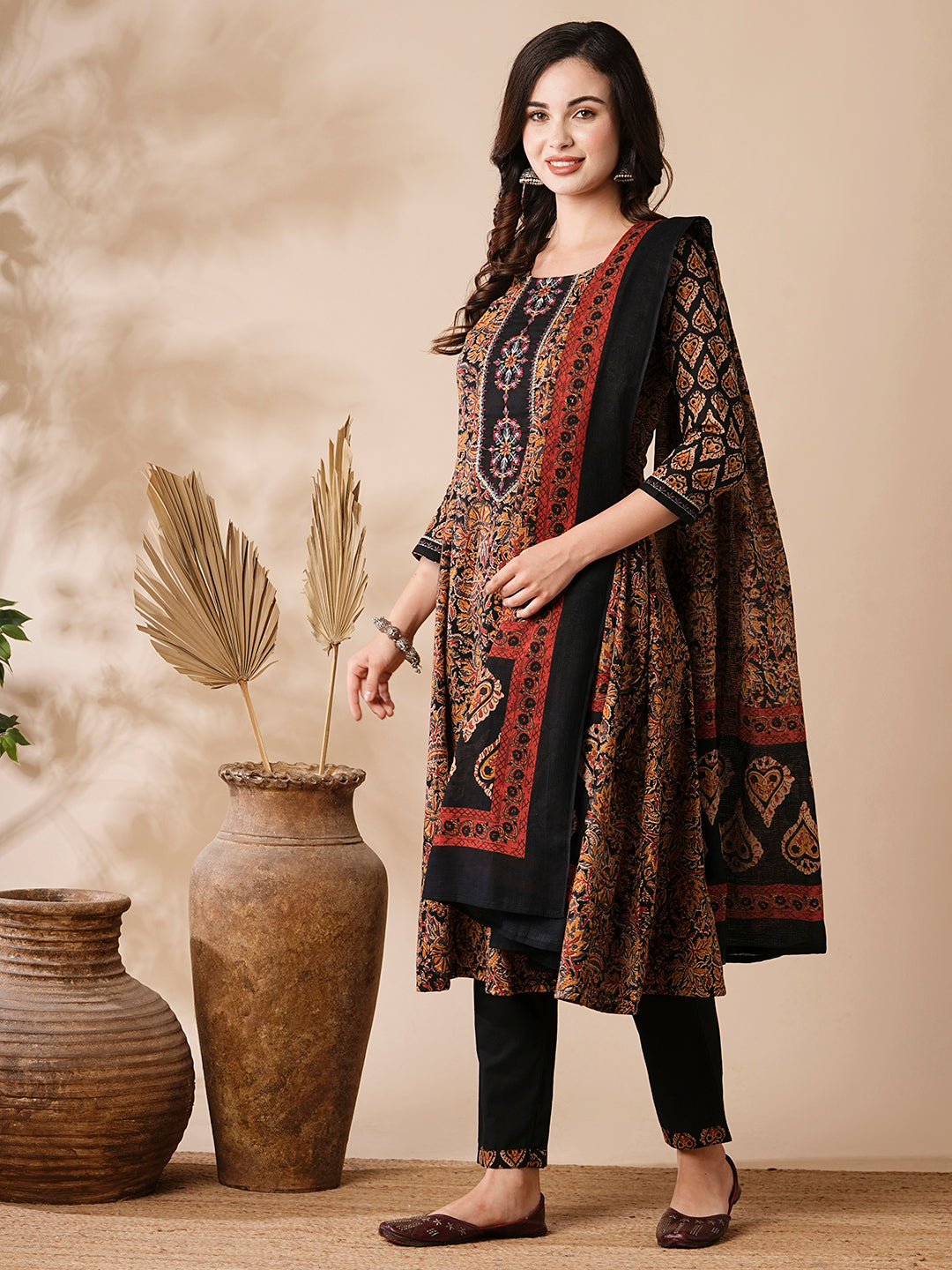Floral Ethnic Printed & Embroidered Anarkali Kurta with Pant & Dupatta - Black