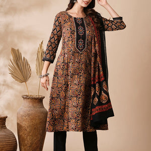 Floral Ethnic Printed & Embroidered Anarkali Kurta with Pant & Dupatta - Black