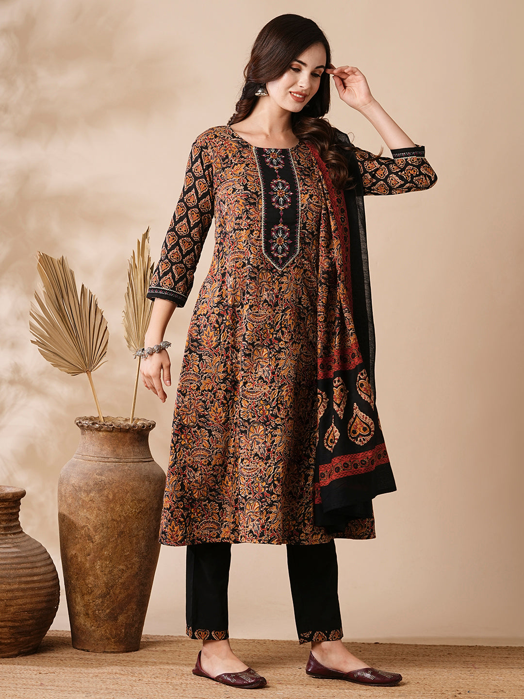 Floral Ethnic Printed & Embroidered Anarkali Kurta with Pant & Dupatta - Black
