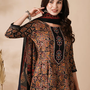 Floral Ethnic Printed & Embroidered Anarkali Kurta with Pant & Dupatta - Black