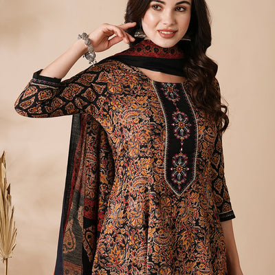 Floral Ethnic Printed & Embroidered Anarkali Kurta with Pant & Dupatta - Black
