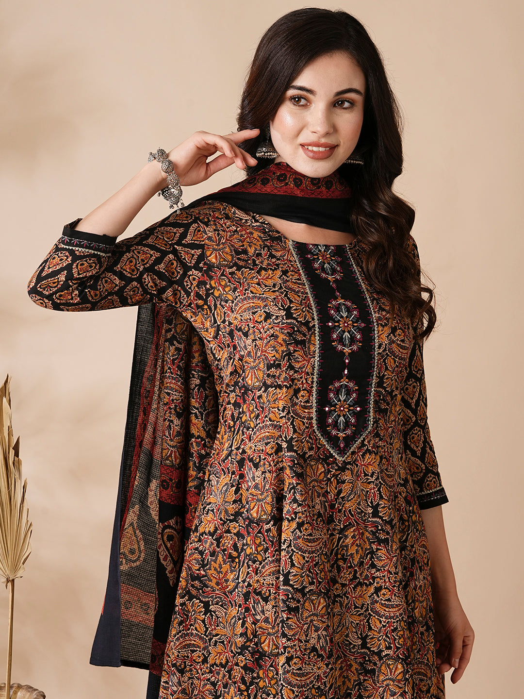 Floral Ethnic Printed & Embroidered Anarkali Kurta with Pant & Dupatta - Black