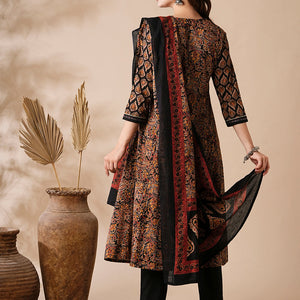 Floral Ethnic Printed & Embroidered Anarkali Kurta with Pant & Dupatta - Black