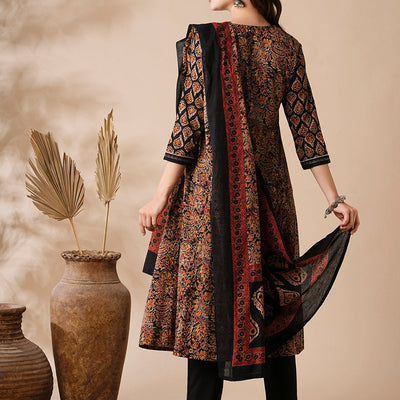 Floral Ethnic Printed & Embroidered Anarkali Kurta with Pant & Dupatta - Black