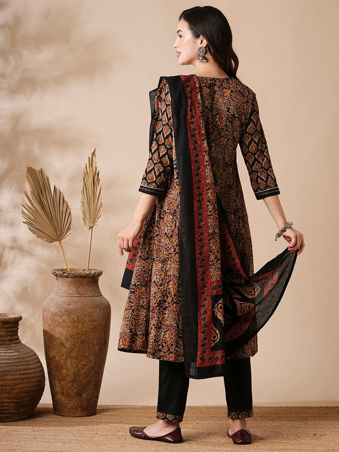 Floral Ethnic Printed & Embroidered Anarkali Kurta with Pant & Dupatta - Black