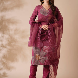 Floral Printed Mirror Embroidered Kurta with Pants & Embroidered Dupatta - Burgundy