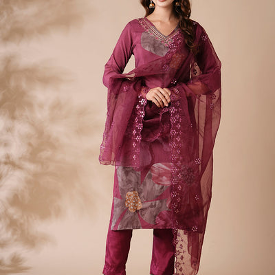 Floral Printed Mirror Embroidered Kurta with Pants & Embroidered Dupatta - Burgundy