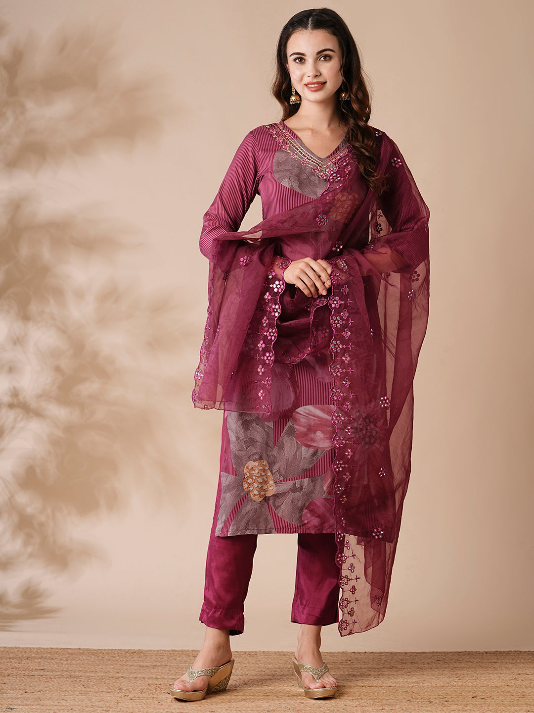 Floral Printed Mirror Embroidered Kurta with Pants & Embroidered Dupatta - Burgundy