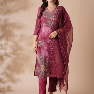 Floral Printed Mirror Embroidered Kurta with Pants & Embroidered Dupatta - Burgundy