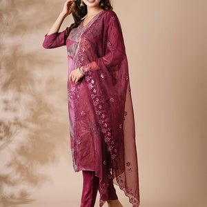 Floral Printed Mirror Embroidered Kurta with Pants & Embroidered Dupatta - Burgundy