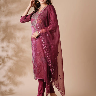 Floral Printed Mirror Embroidered Kurta with Pants & Embroidered Dupatta - Burgundy