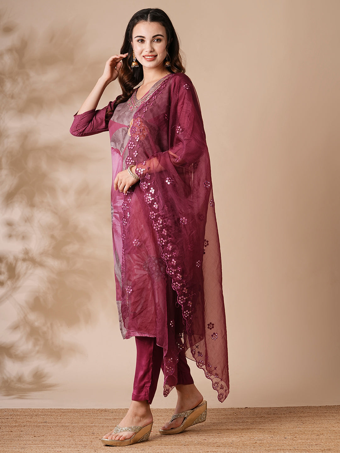 Floral Printed Mirror Embroidered Kurta with Pants & Embroidered Dupatta - Burgundy