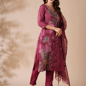 Floral Printed Mirror Embroidered Kurta with Pants & Embroidered Dupatta - Burgundy