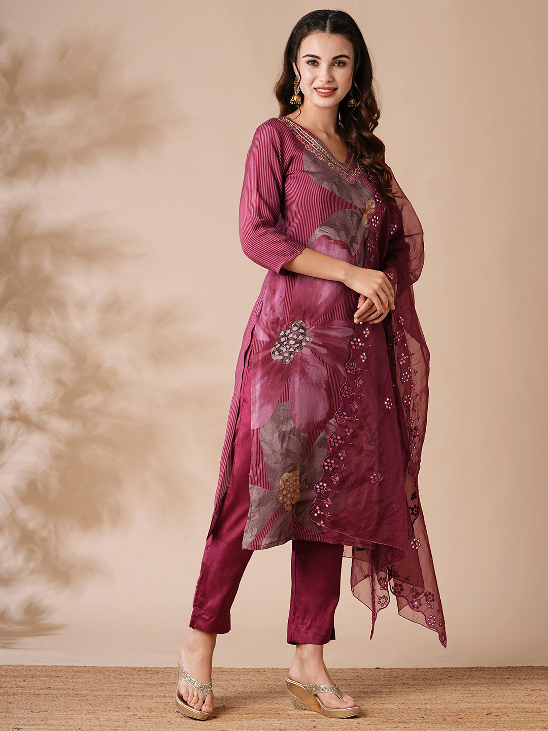 Floral Printed Mirror Embroidered Kurta with Pants & Embroidered Dupatta - Burgundy