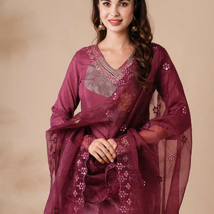 Floral Printed Mirror Embroidered Kurta with Pants & Embroidered Dupatta - Burgundy