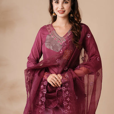 Floral Printed Mirror Embroidered Kurta with Pants & Embroidered Dupatta - Burgundy