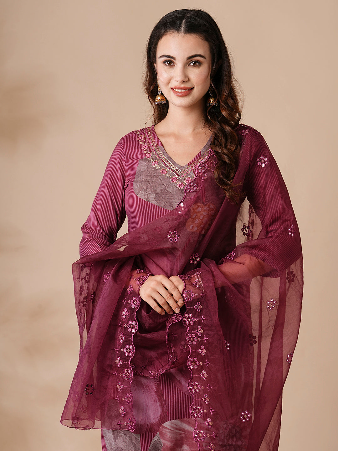 Floral Printed Mirror Embroidered Kurta with Pants & Embroidered Dupatta - Burgundy