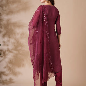 Floral Printed Mirror Embroidered Kurta with Pants & Embroidered Dupatta - Burgundy