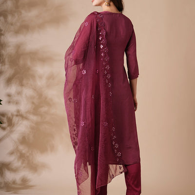 Floral Printed Mirror Embroidered Kurta with Pants & Embroidered Dupatta - Burgundy