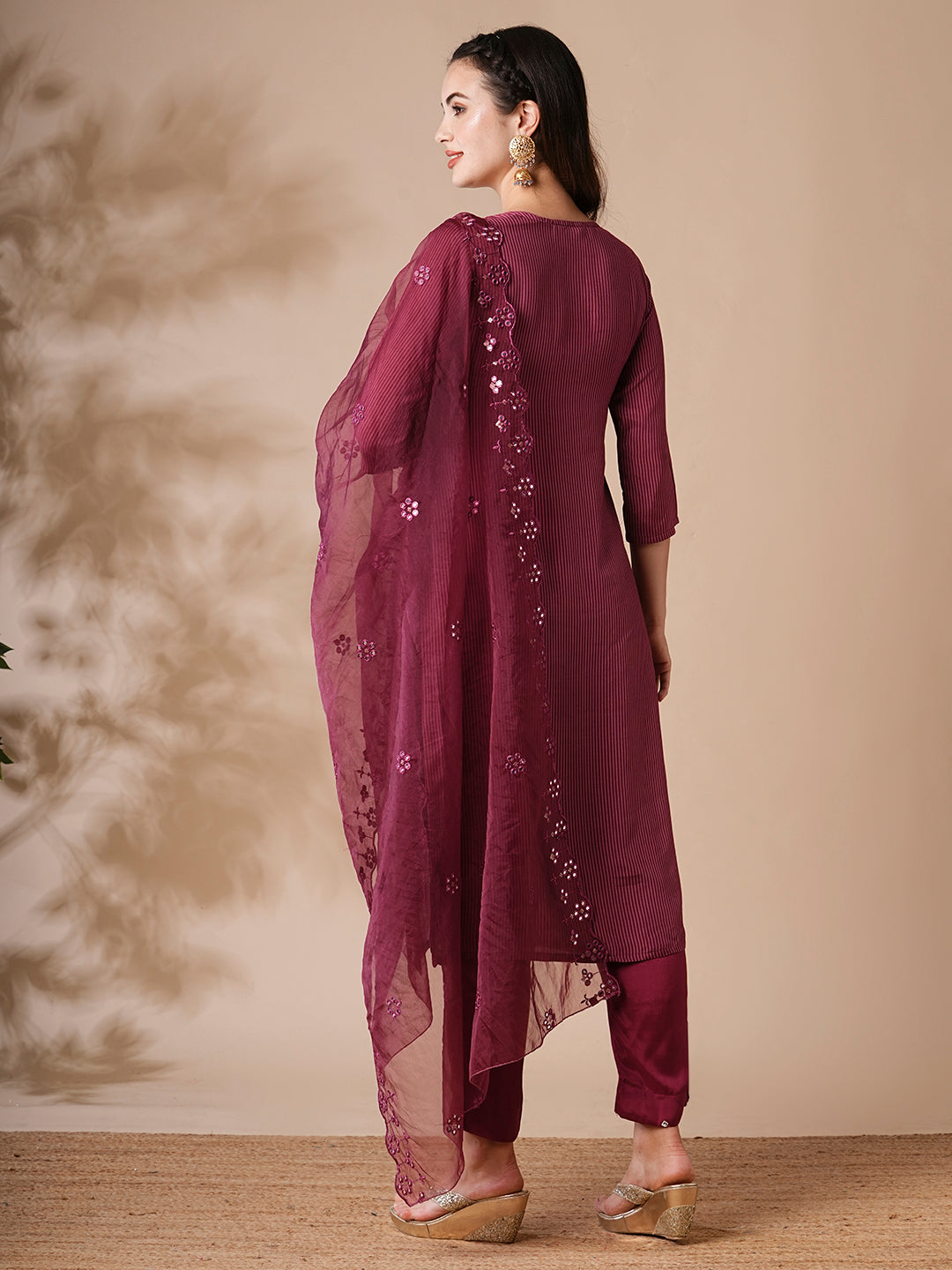 Floral Printed Mirror Embroidered Kurta with Pants & Embroidered Dupatta - Burgundy
