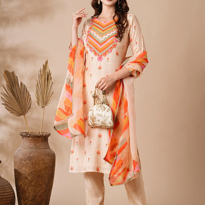 Floral Printed Mirror & Aari Embroidered Kurta with Pants & Dupatta - Cream