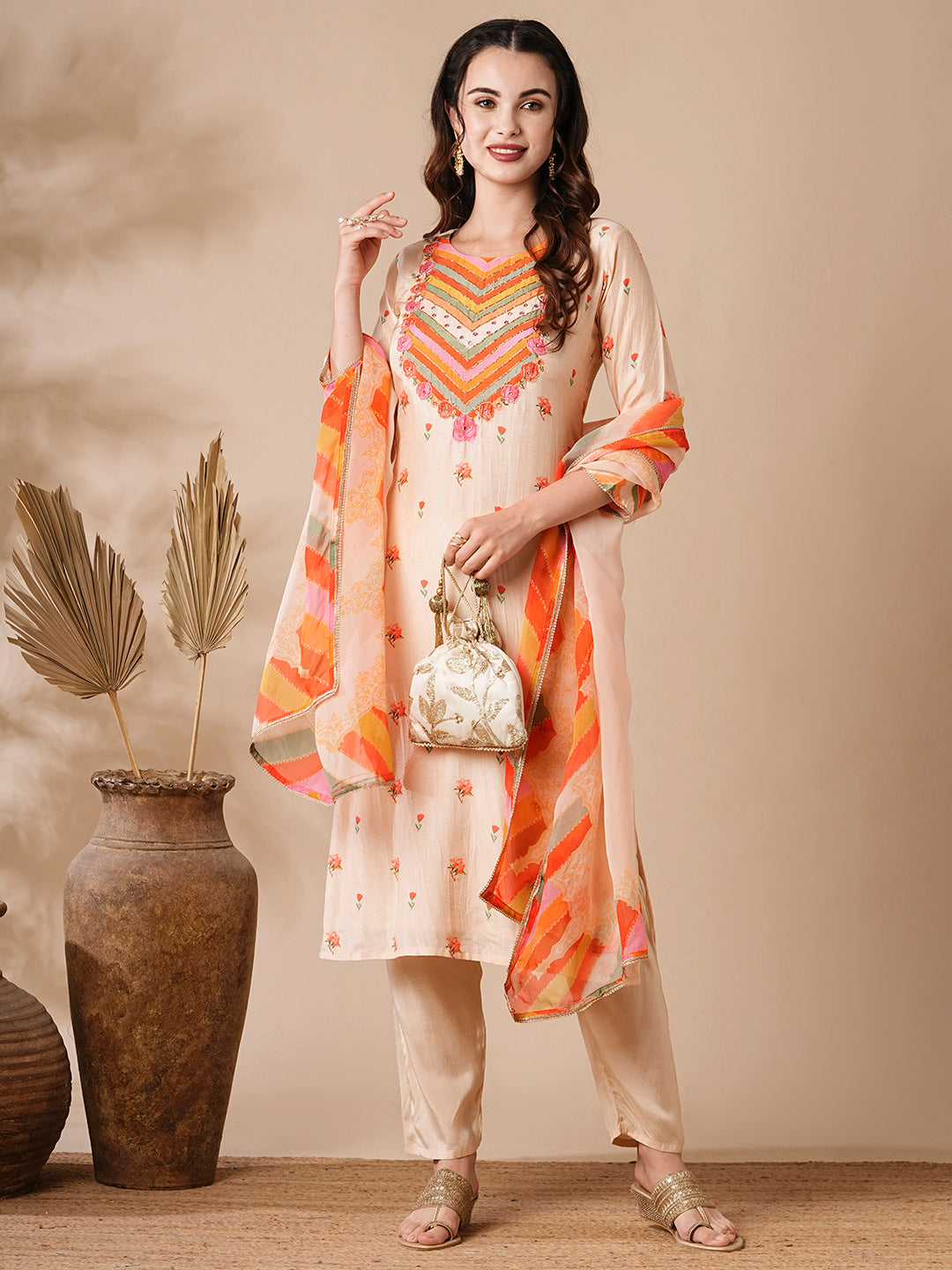 Floral Printed Mirror & Aari Embroidered Kurta with Pants & Dupatta - Cream