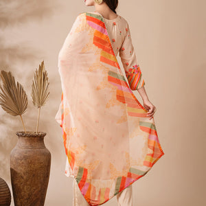 Floral Printed Mirror & Aari Embroidered Kurta with Pants & Dupatta - Cream