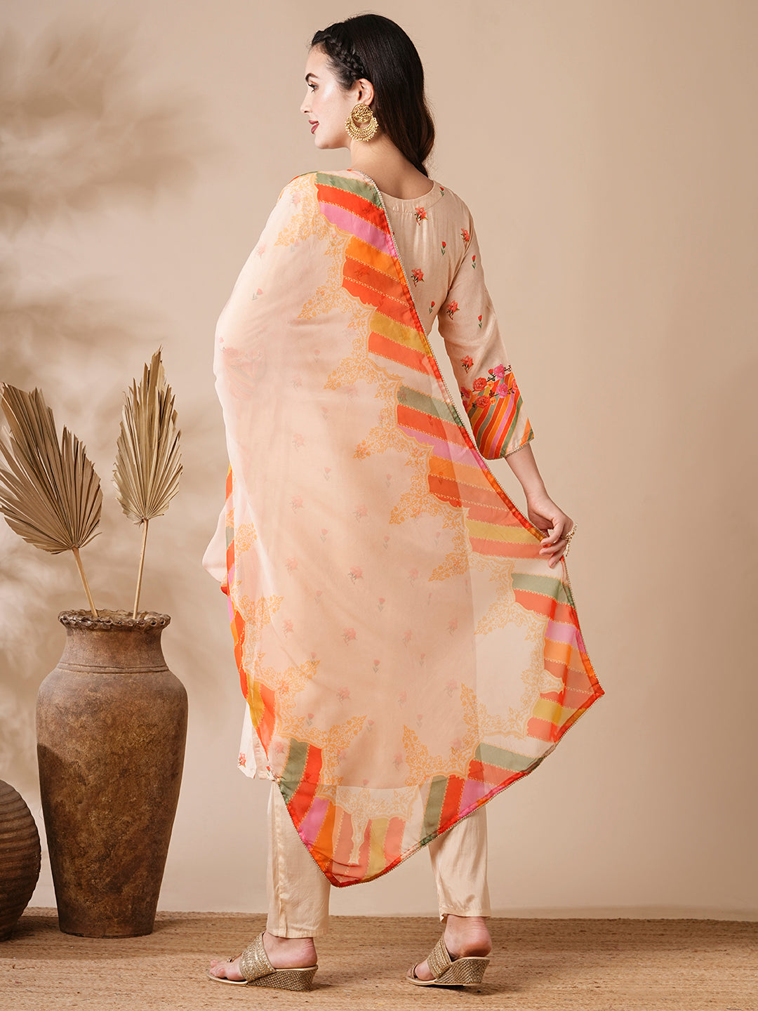 Floral Printed Mirror & Aari Embroidered Kurta with Pants & Dupatta - Cream