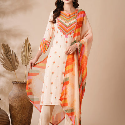 Floral Printed Mirror & Aari Embroidered Kurta with Pants & Dupatta - Cream