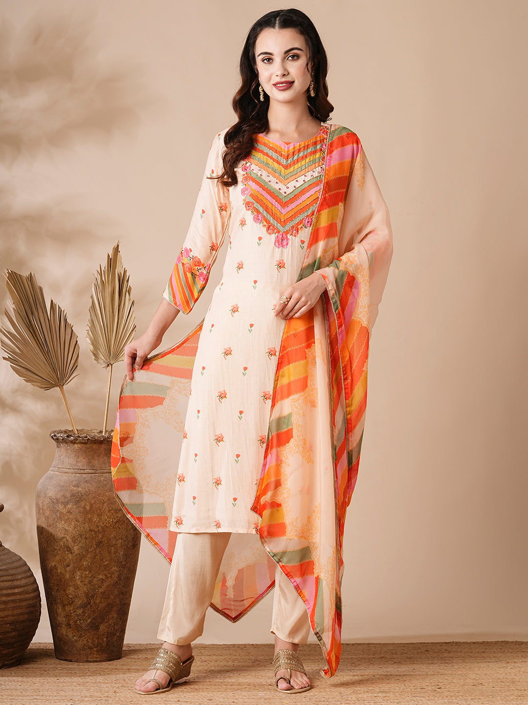 Floral Printed Mirror & Aari Embroidered Kurta with Pants & Dupatta - Cream