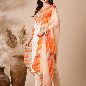 Floral Printed Mirror & Aari Embroidered Kurta with Pants & Dupatta - Cream
