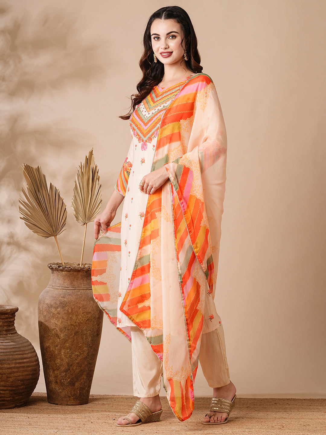 Floral Printed Mirror & Aari Embroidered Kurta with Pants & Dupatta - Cream