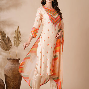 Floral Printed Mirror & Aari Embroidered Kurta with Pants & Dupatta - Cream