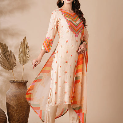 Floral Printed Mirror & Aari Embroidered Kurta with Pants & Dupatta - Cream