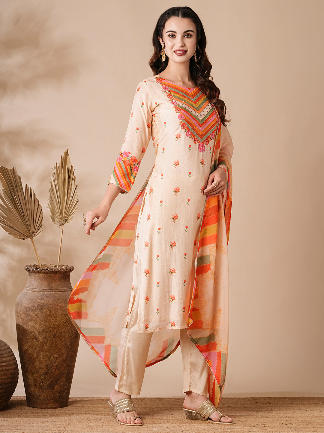 Floral Printed Mirror & Aari Embroidered Kurta with Pants & Dupatta - Cream