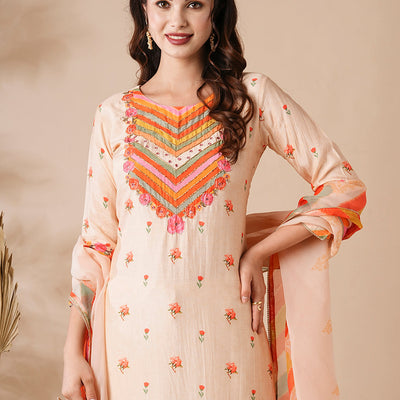 Floral Printed Mirror & Aari Embroidered Kurta with Pants & Dupatta - Cream