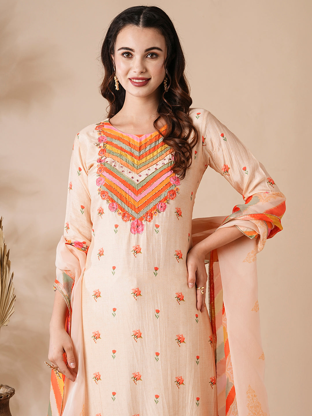 Floral Printed Mirror & Aari Embroidered Kurta with Pants & Dupatta - Cream